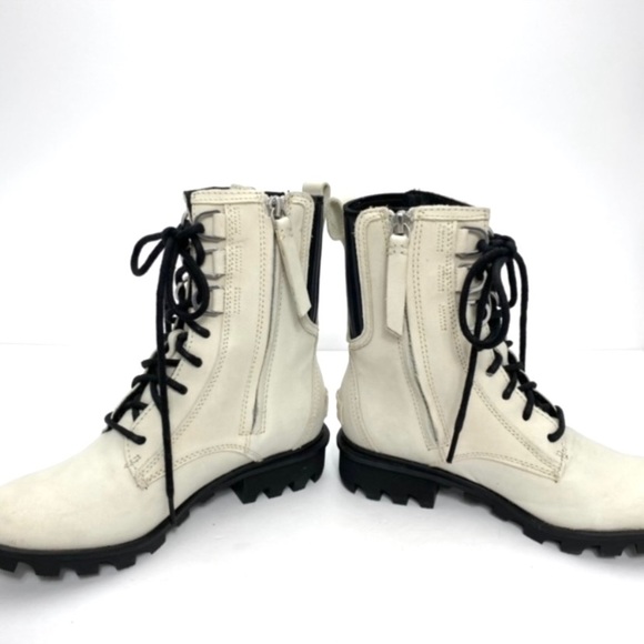 Sorel Phoenix Fawn Nubuck Leather Lace up Mono Biker Boot in Off-White Size 6 - Picture 8 of 11